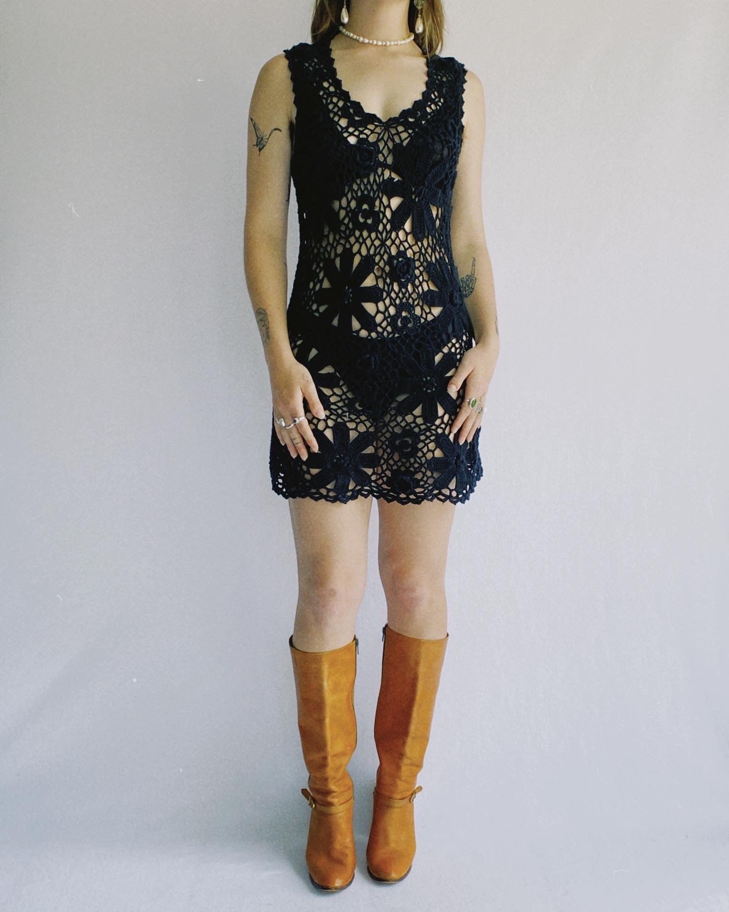 Black Cotton Floral Crochet Dress | 8-12