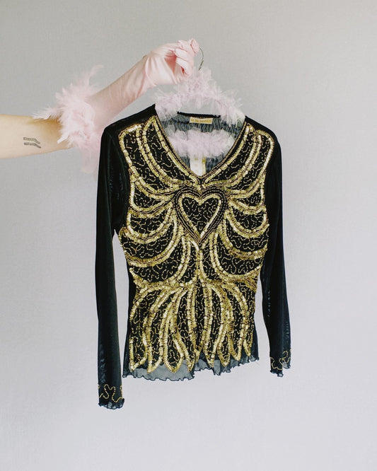 2000s Black Mesh Top with Gold Sequin Heart *Deadstock | 12-14