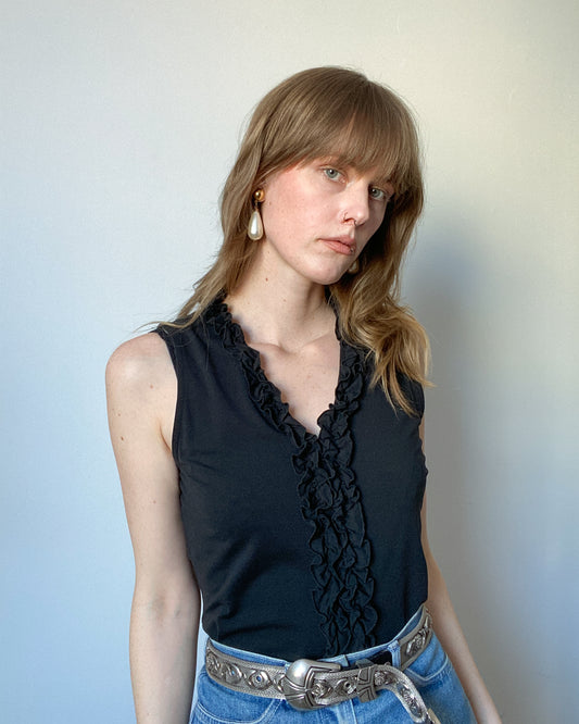 2000s Black Ruffle Tank Top | Size L