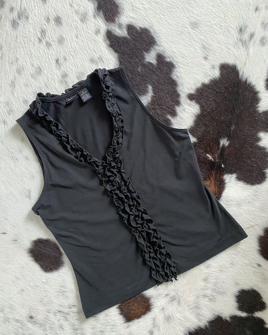 2000s Black Ruffle Tank Top | Size L