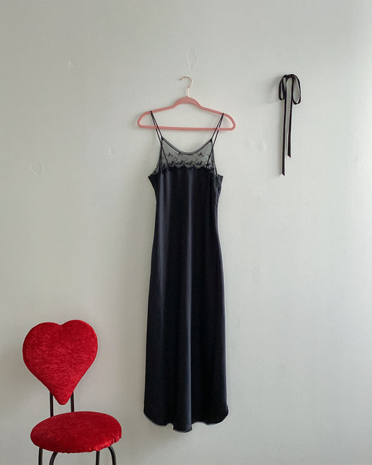 Black Maxi Slip Dress with Mesh | Size L/XL