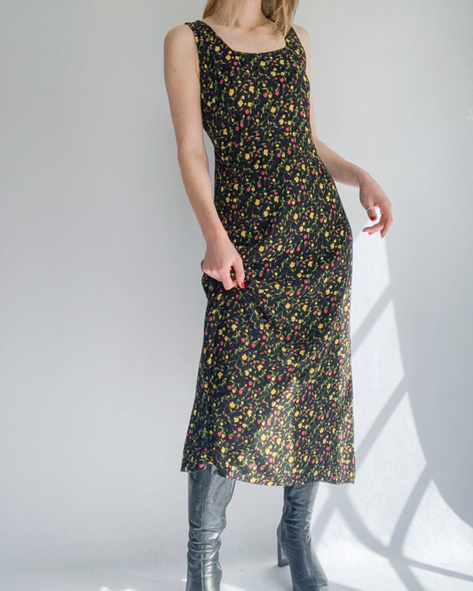 Black Floral Maxi Dress with Tie | 8-10
