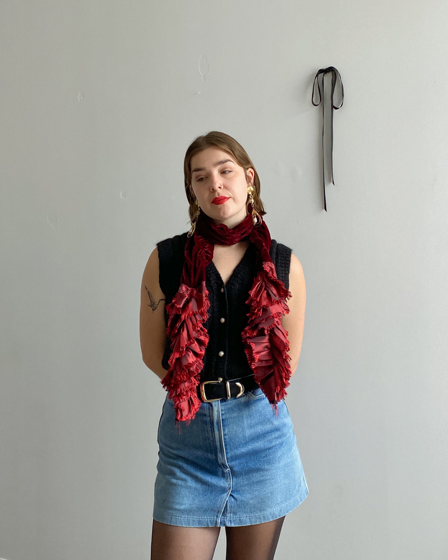 Vintage Velour & Frayed Maroon Scarf
