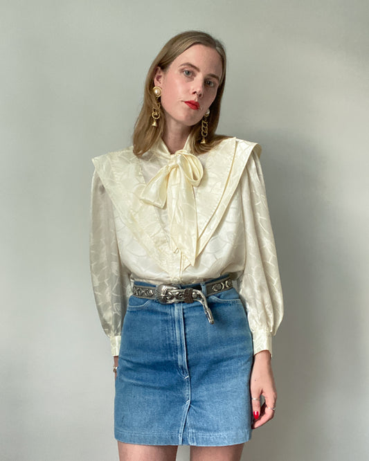 Cream Blouse with Epic Shoulders & Pussy Bow | Size M-L