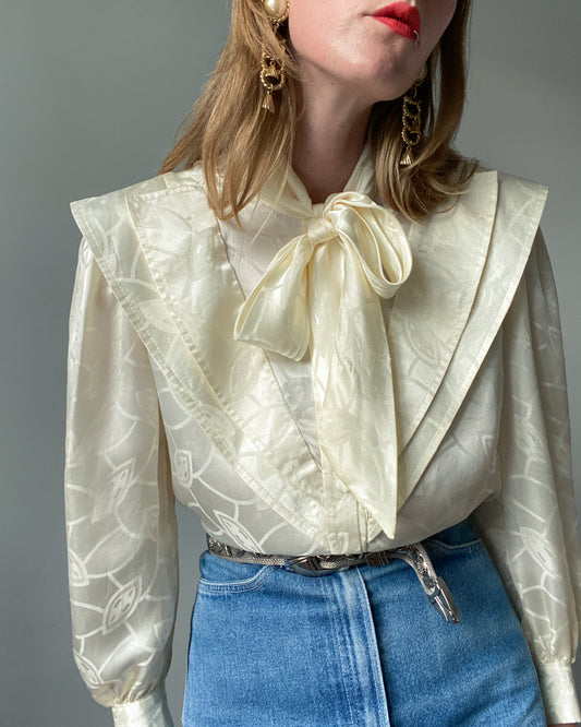 Cream Blouse with Epic Shoulders & Pussy Bow | Size M-L