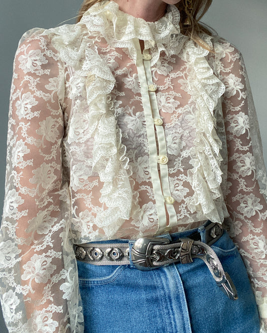Stunning Cream Floral Lace Frilly Blouse | Size S/M