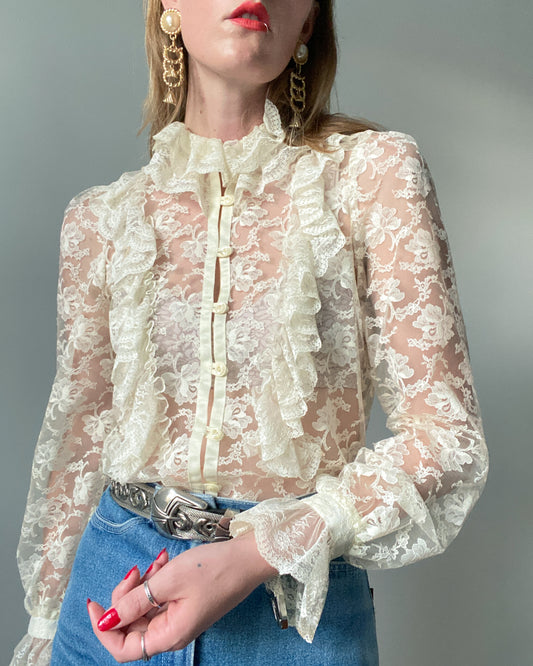 Stunning Cream Floral Lace Frilly Blouse | Size S/M