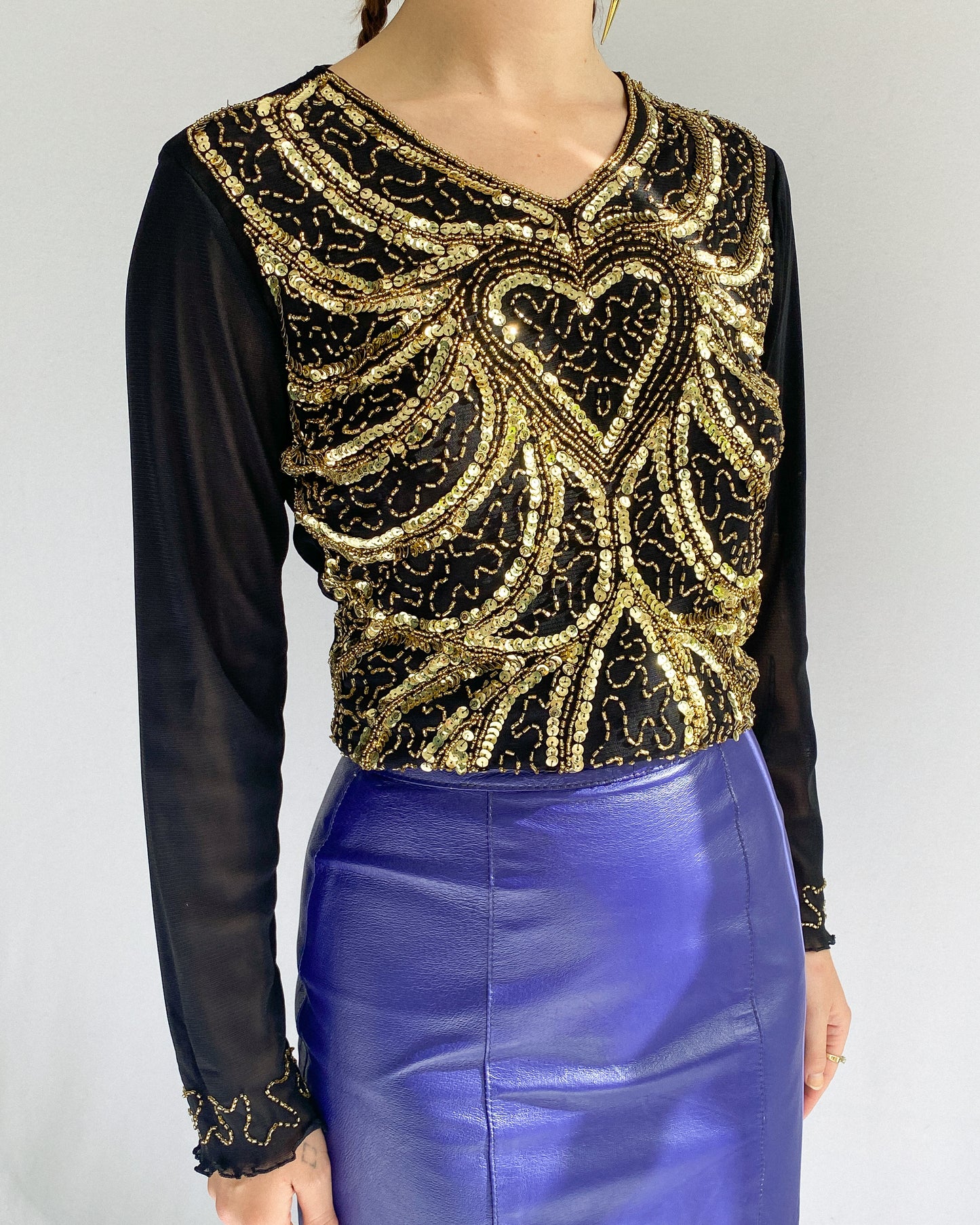 2000s Black Mesh Top with Gold Sequin Heart *Deadstock | 12-14