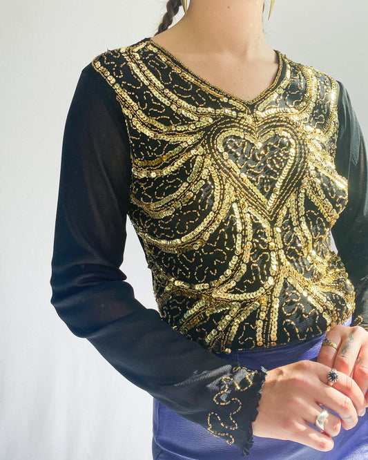 2000s Black Mesh Top with Gold Sequin Heart *Deadstock | 12-14