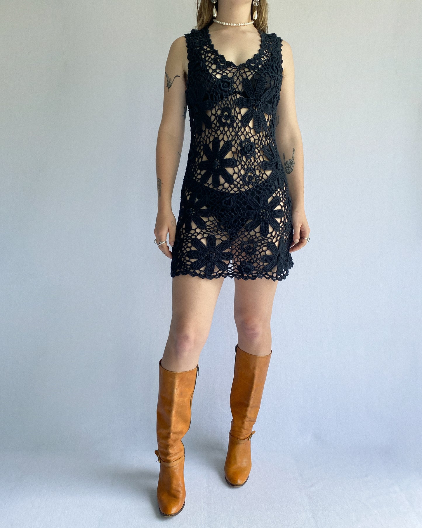 Black Cotton Floral Crochet Dress | 8-12