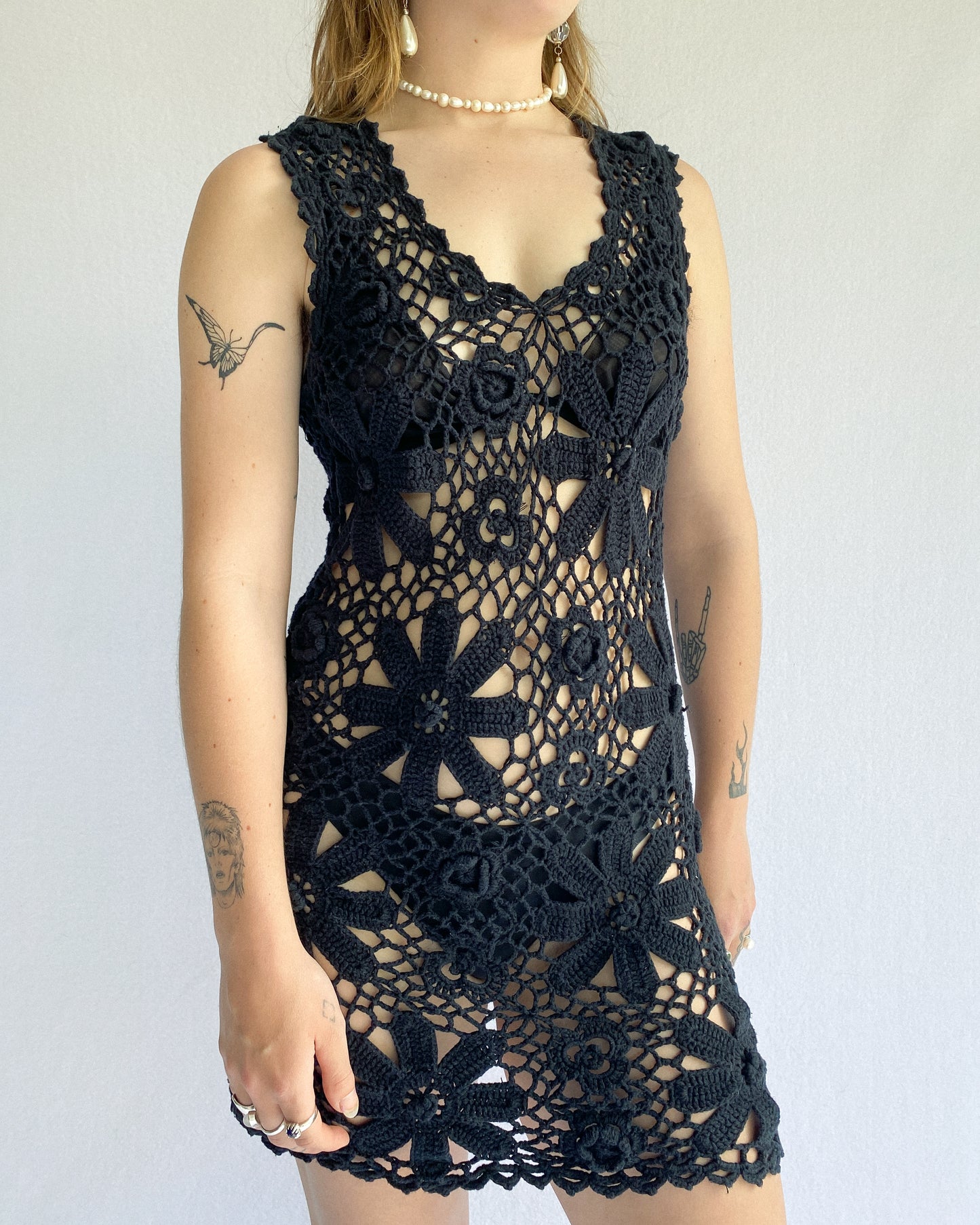 Black Cotton Floral Crochet Dress | 8-12