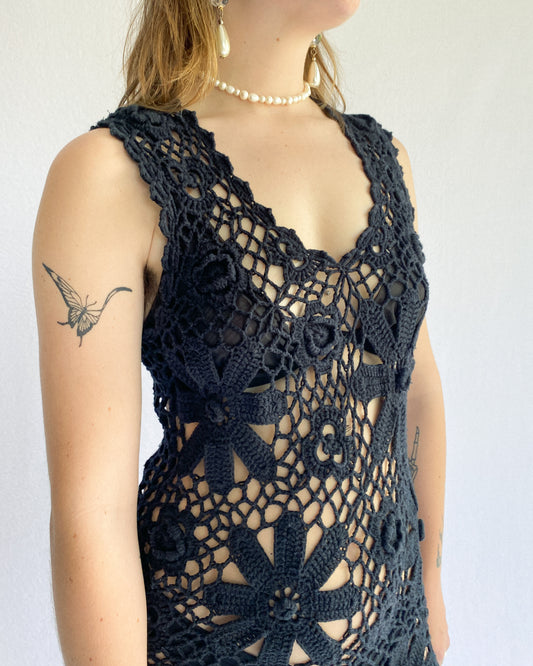 Black Cotton Floral Crochet Dress | 8-12