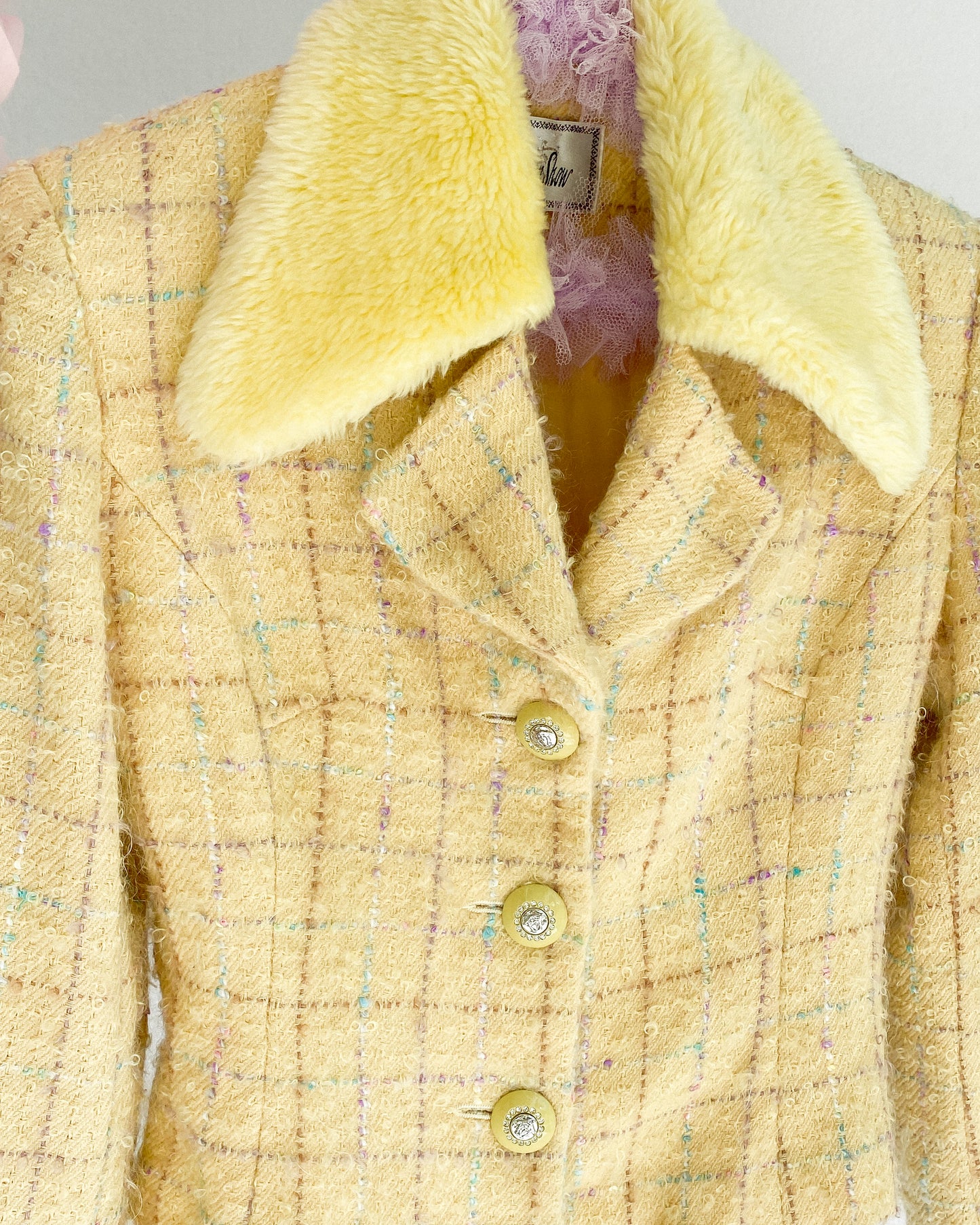 Retro Yellow & Plaid Cropped Jacket with Faux Fur Collar | 6/8