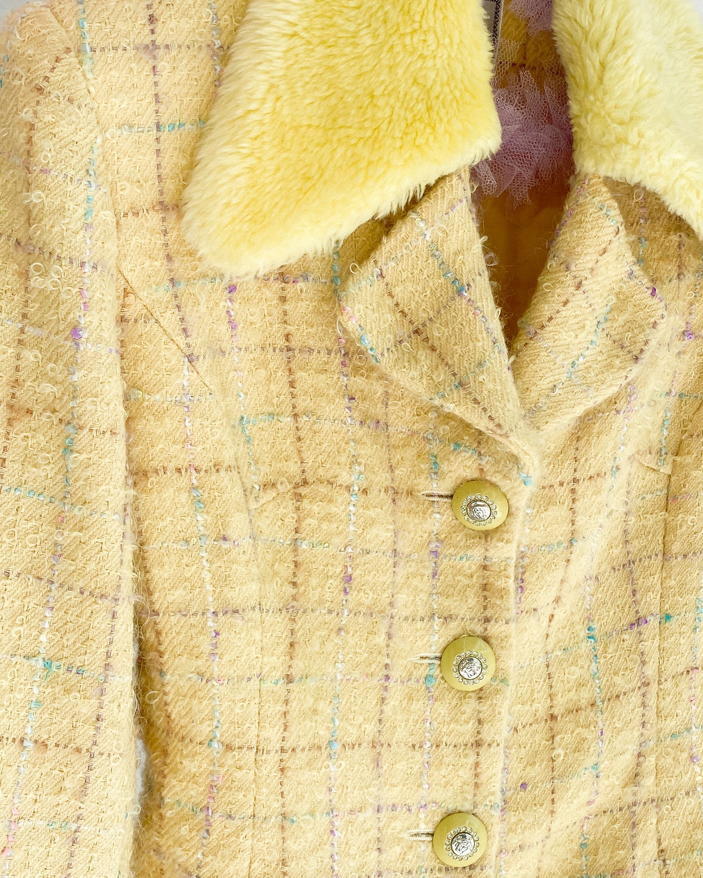 Retro Yellow & Plaid Cropped Jacket with Faux Fur Collar | 6/8