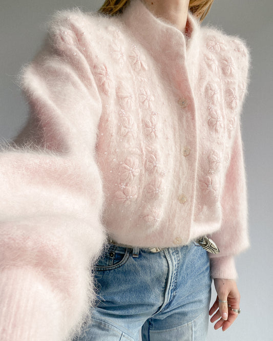 Vintage Baby Pink Angora Cardigan with Beads | 14/16