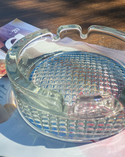 Vintage Waffle-Cut Glass Ashtray | 12.5cm
