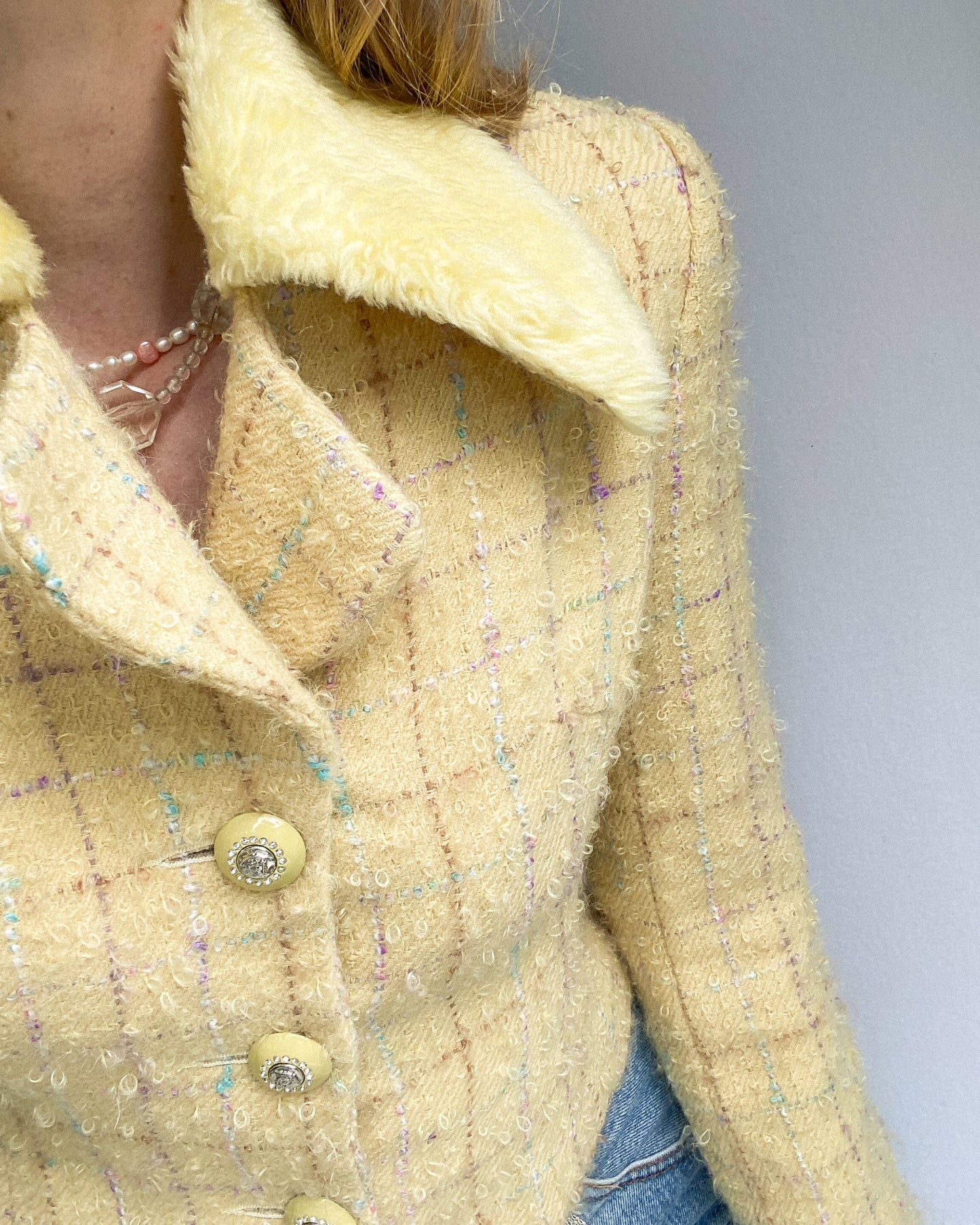 Retro Yellow & Plaid Cropped Jacket with Faux Fur Collar | 6/8