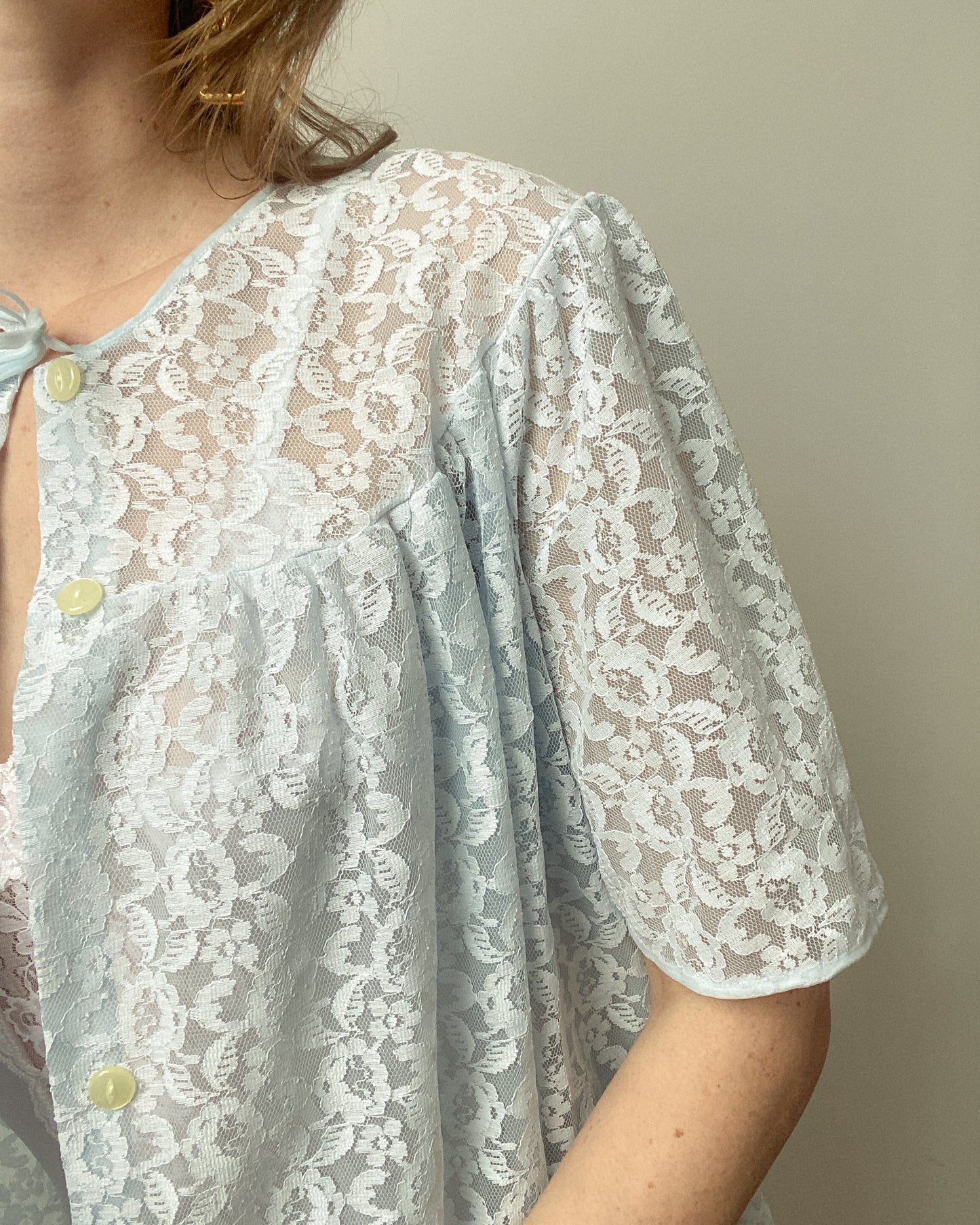 1970s Baby Blue Lace Peignoir | Size M-XL
