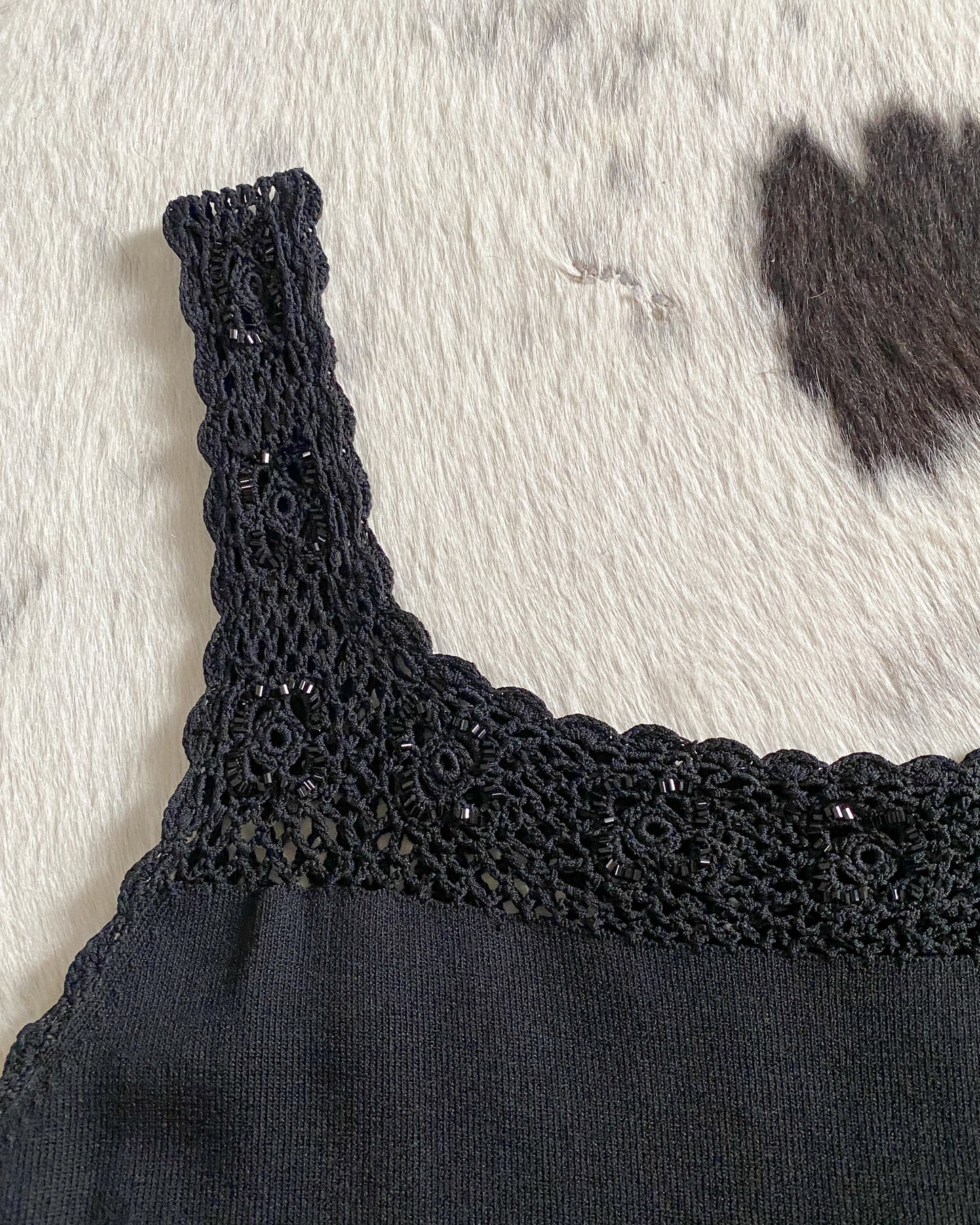 Black Knit Tank with Beaded Crochet Straps | Size M-L