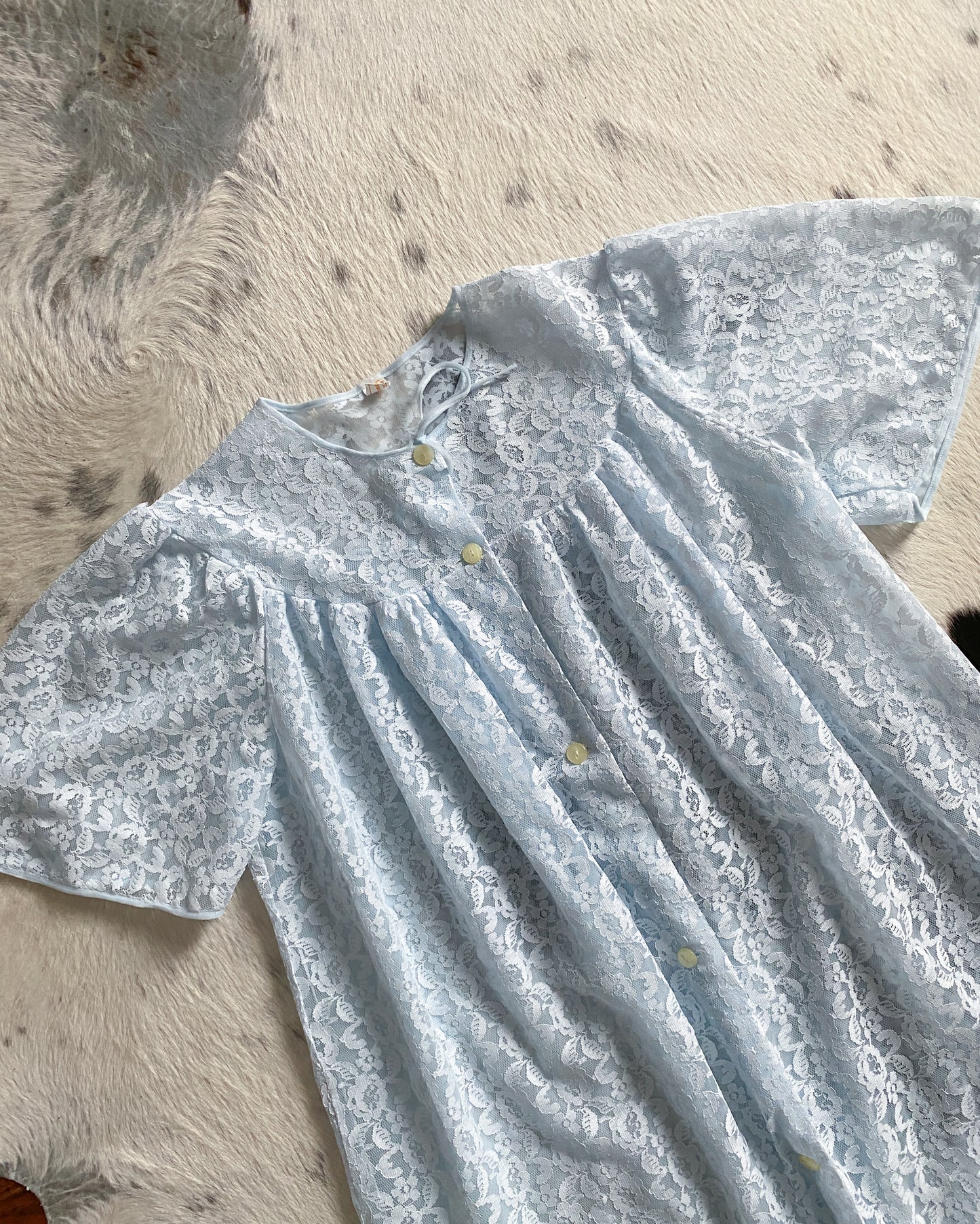 1970s Baby Blue Lace Peignoir | Size M-XL
