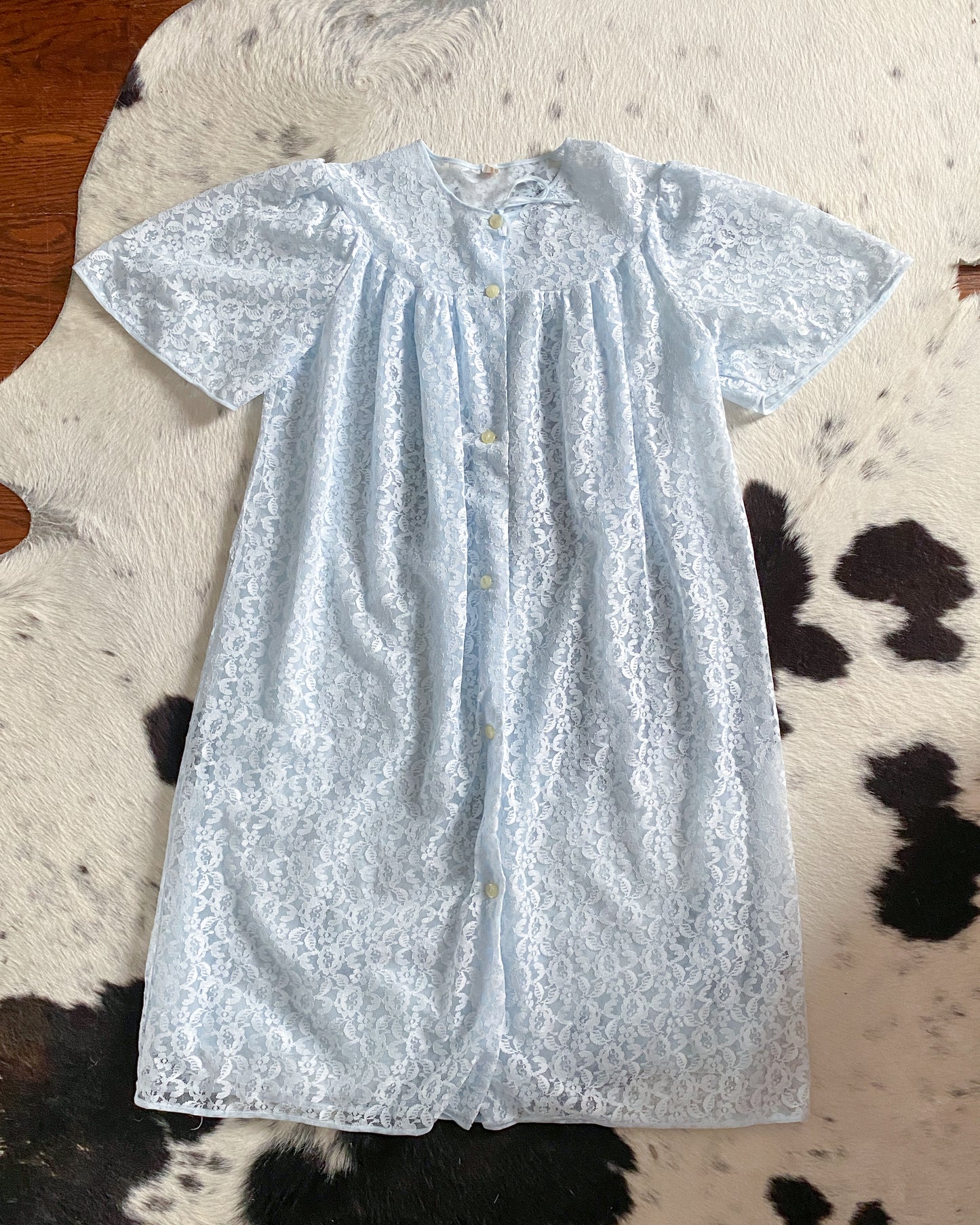 1970s Baby Blue Lace Peignoir | Size M-XL