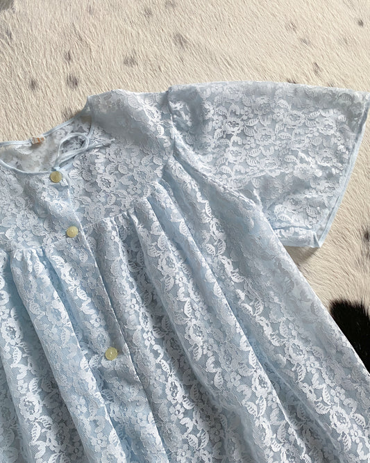 1970s Baby Blue Lace Peignoir | Size M-XL