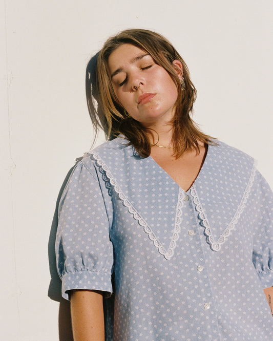 Baby Blue Floral Blouse with Puff Sleeves | 10-20