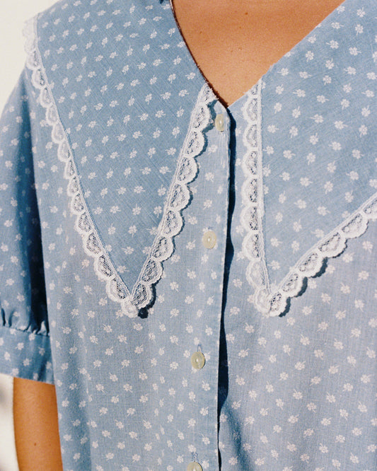Baby Blue Floral Blouse with Puff Sleeves | 10-20