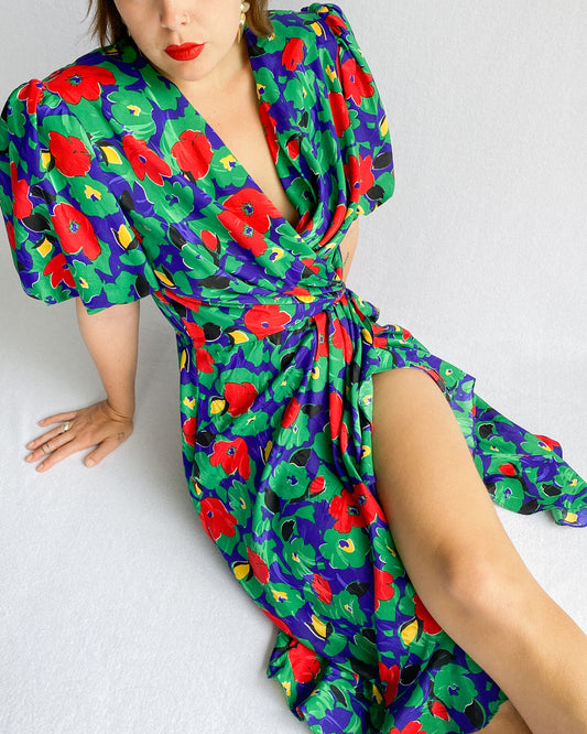 1980s Floral Stunning Dress with Puff Sleeves | 10/12