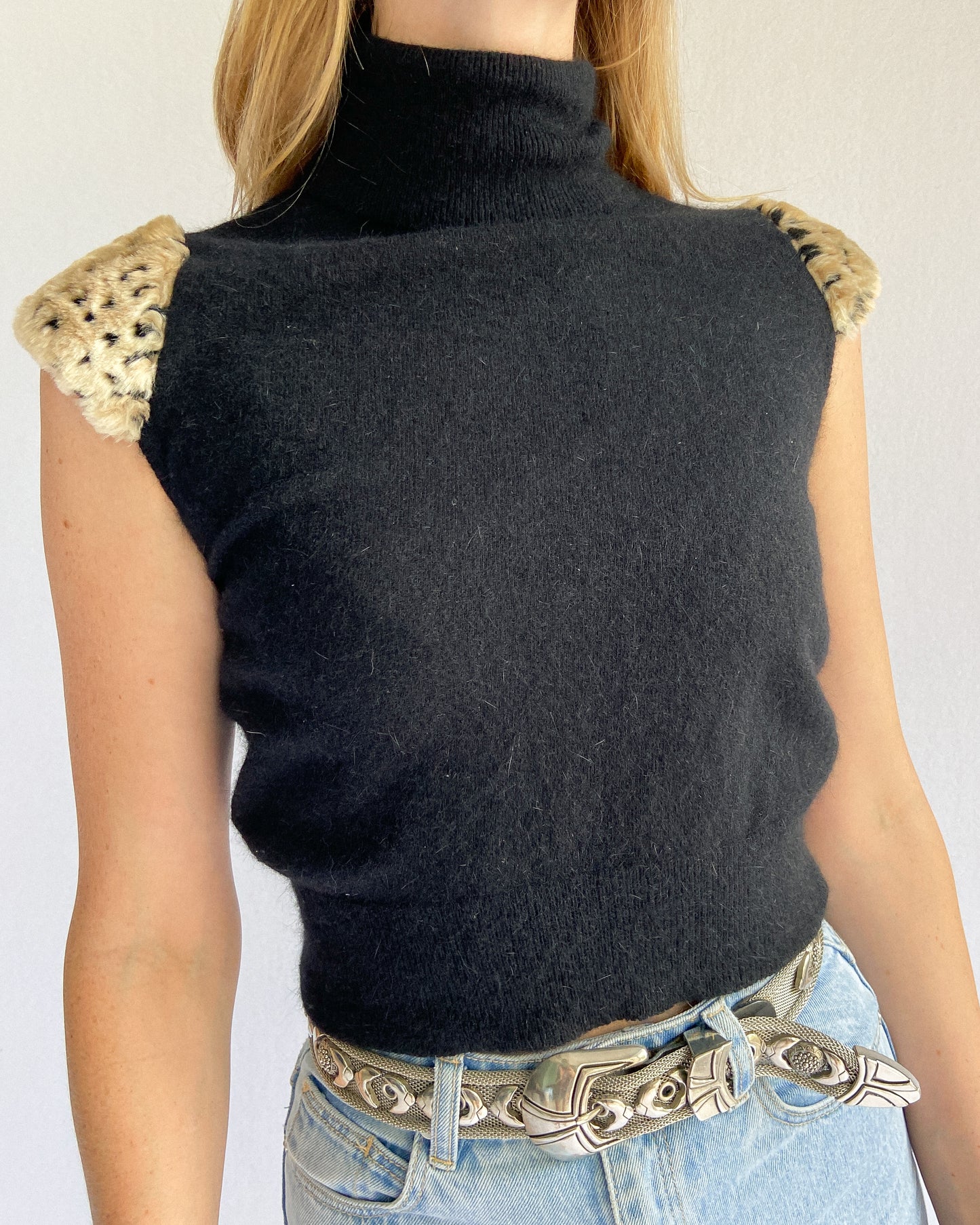 Black Angora & Faux Fur Knit Top, Made in Italy | 6