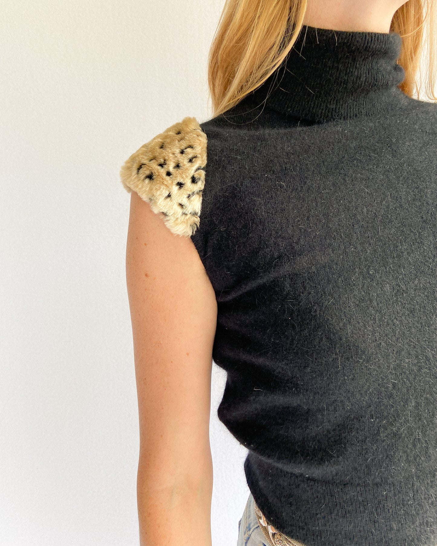 Black Angora & Faux Fur Knit Top, Made in Italy | 6