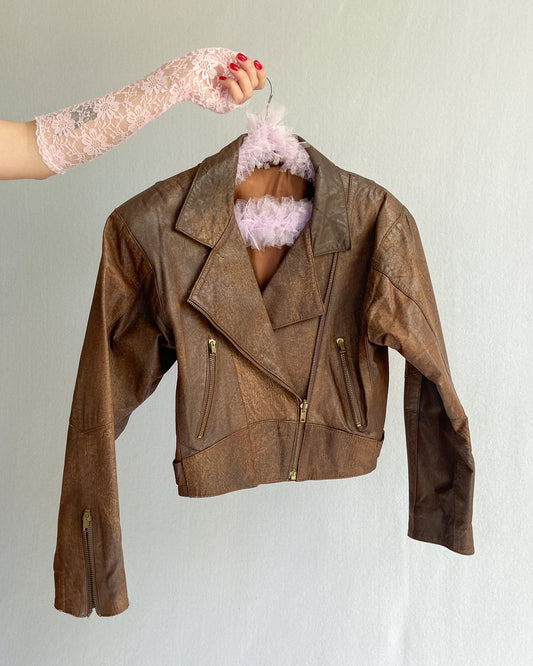 Vintage Brown Leather Cropped Jacket | 8-10
