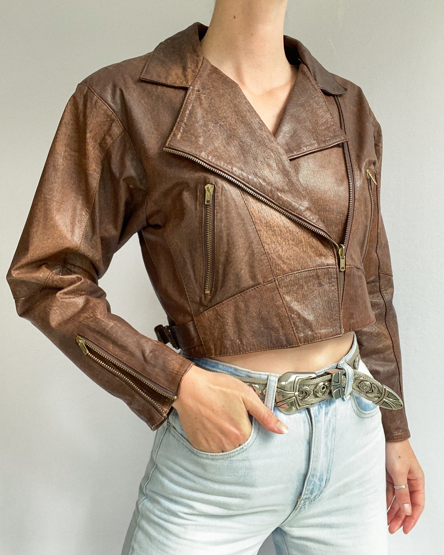 Vintage Brown Leather Cropped Jacket | 8-10