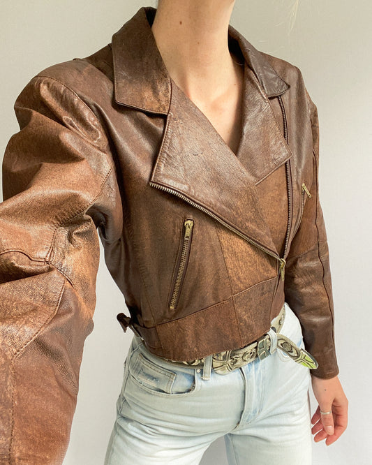 Vintage Brown Leather Cropped Jacket | 8-10