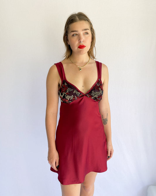 1990s Merlot Slip Dress with Floral Velour Bust | 10