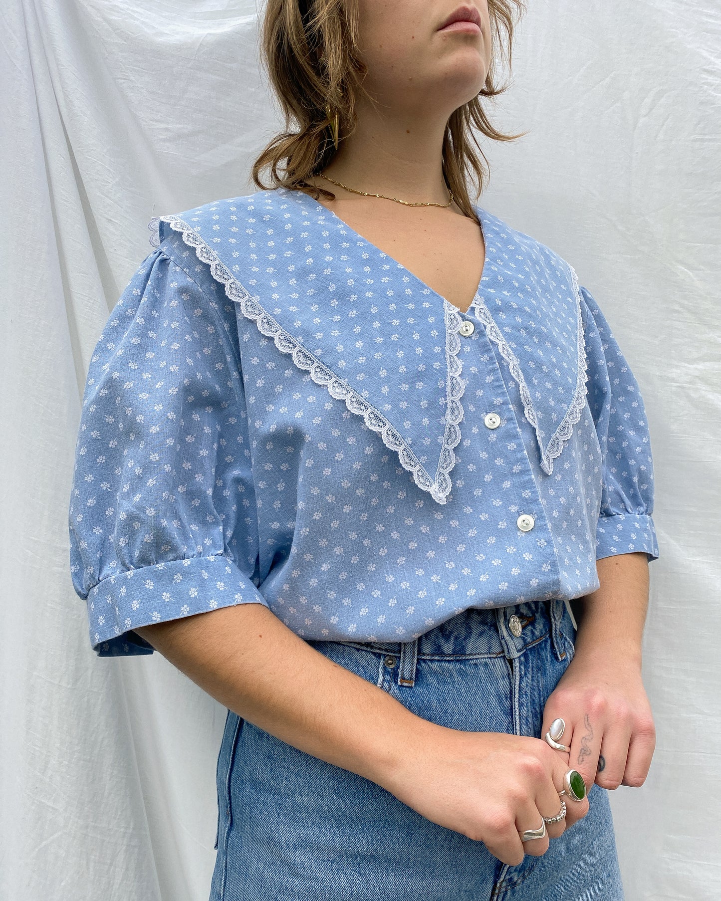 Baby Blue Floral Blouse with Puff Sleeves | 10-20