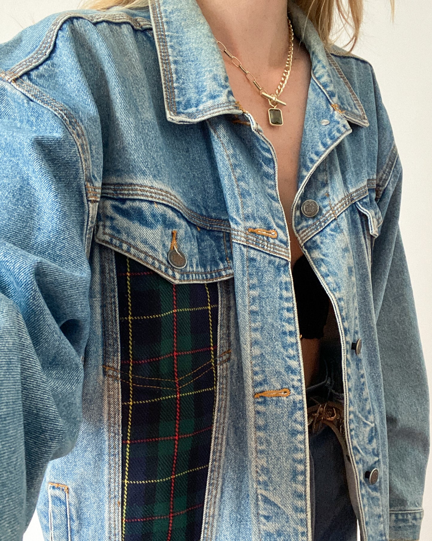 Vintage Denim Jacket With Plaid Detailing | L/XL Size