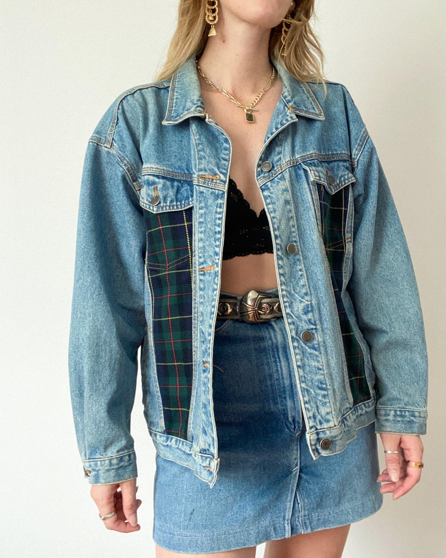 Vintage Denim Jacket With Plaid Detailing | L/XL Size