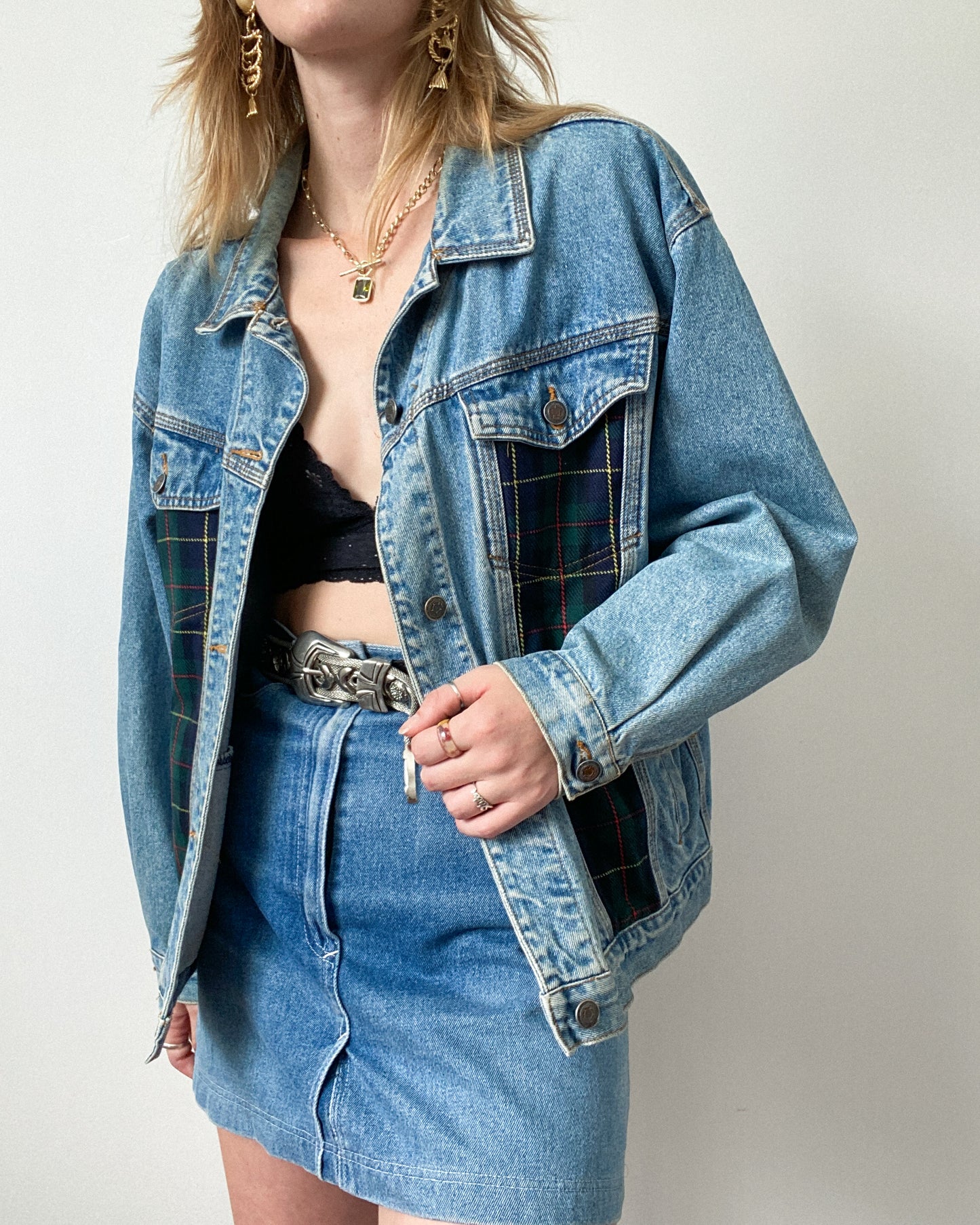 Vintage Denim Jacket With Plaid Detailing | L/XL Size