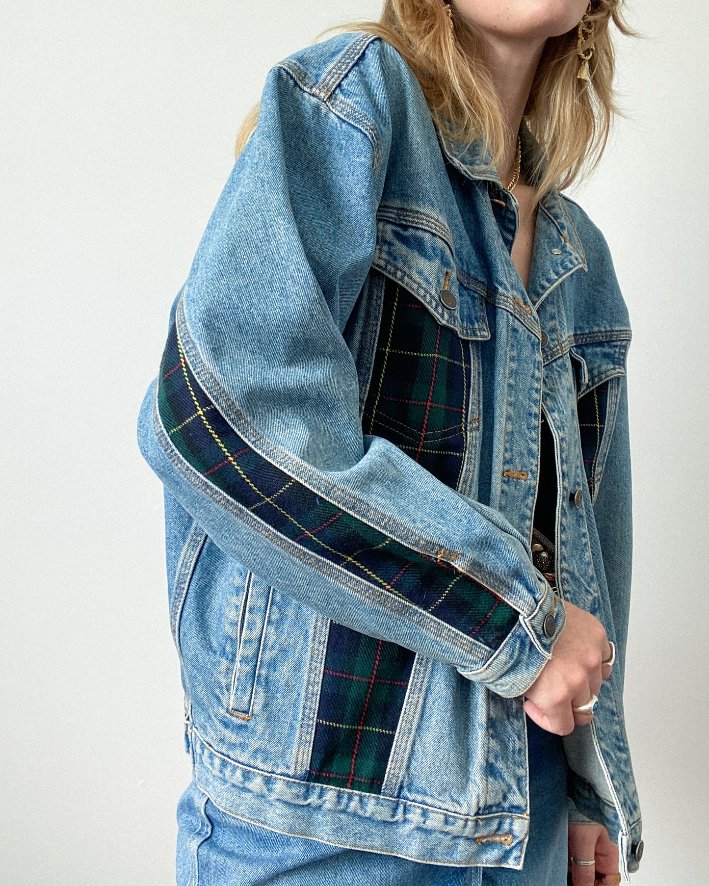 Vintage Denim Jacket With Plaid Detailing | L/XL Size