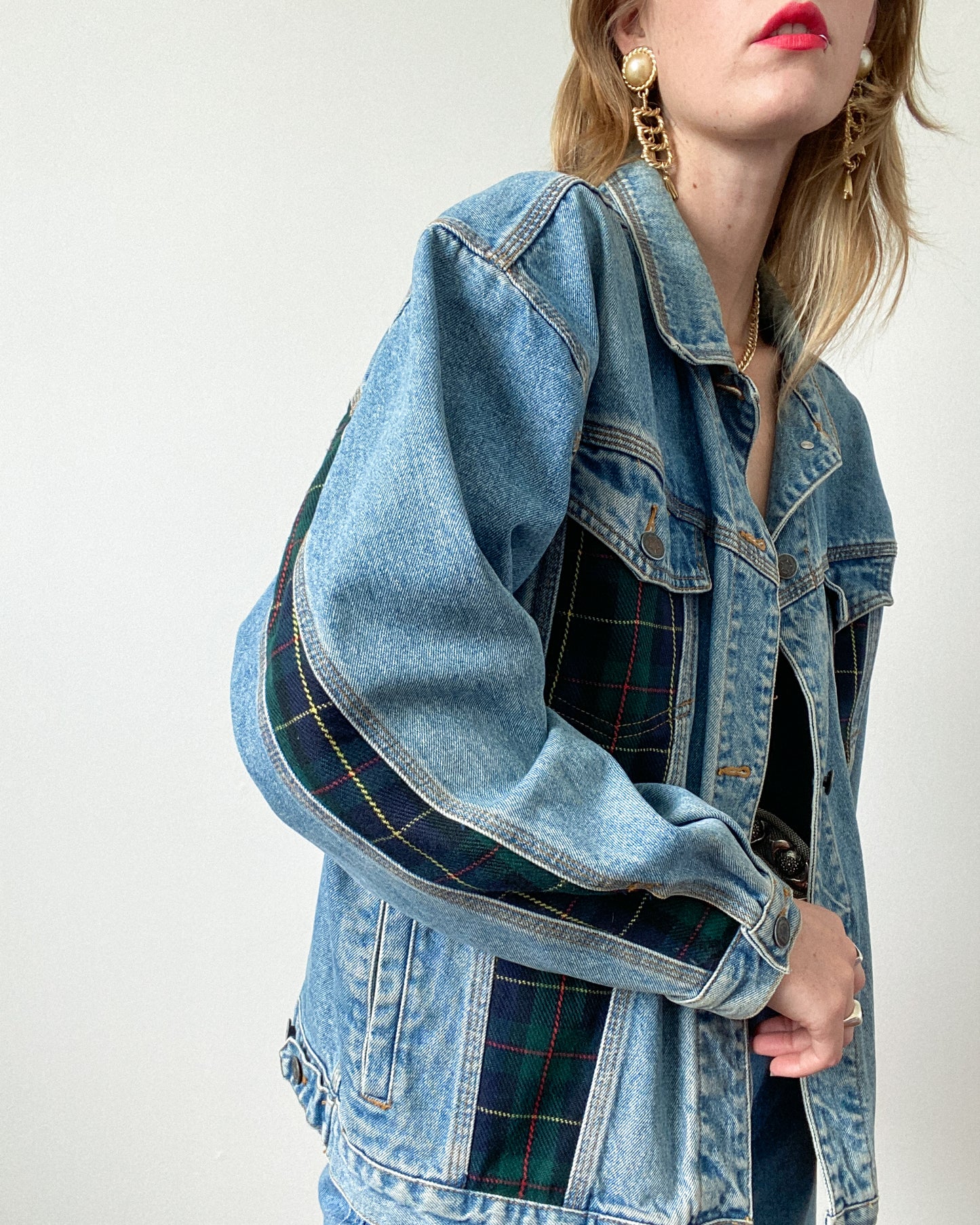 Vintage Denim Jacket With Plaid Detailing | L/XL Size