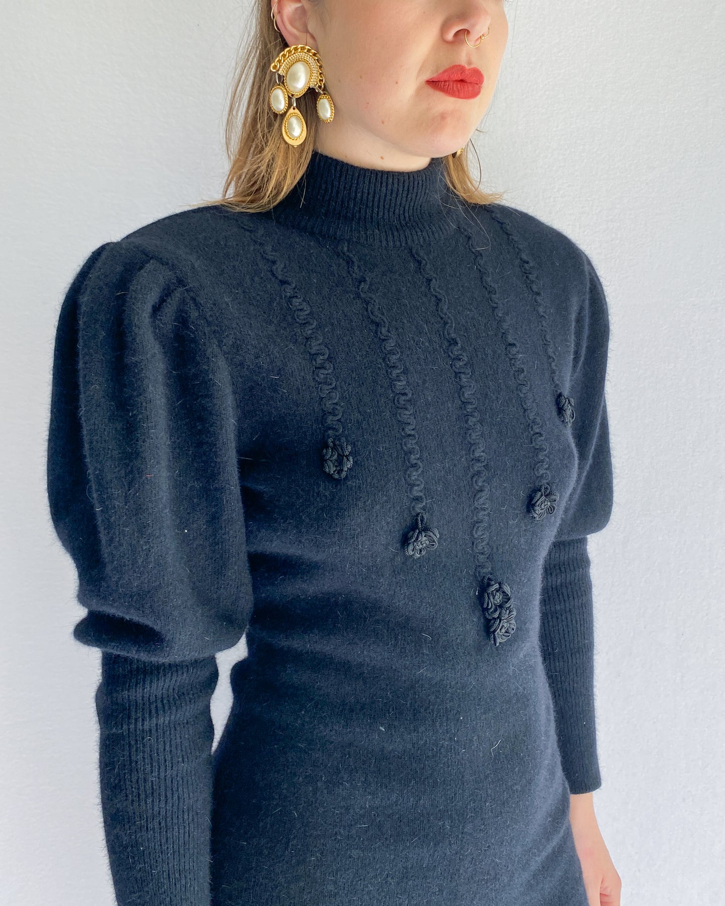1980s Black Knit Dress with Mutton Sleeves | 10-12/14