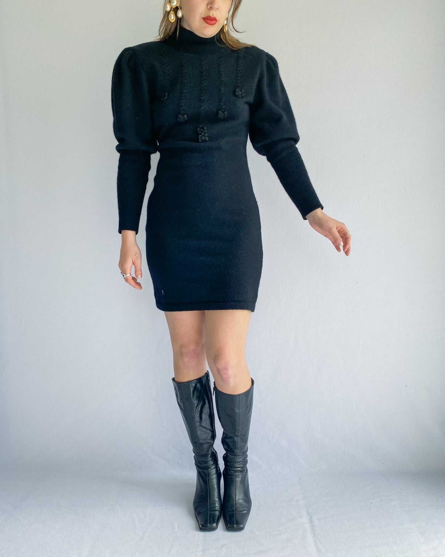 1980s Black Knit Dress with Mutton Sleeves | 10-12/14