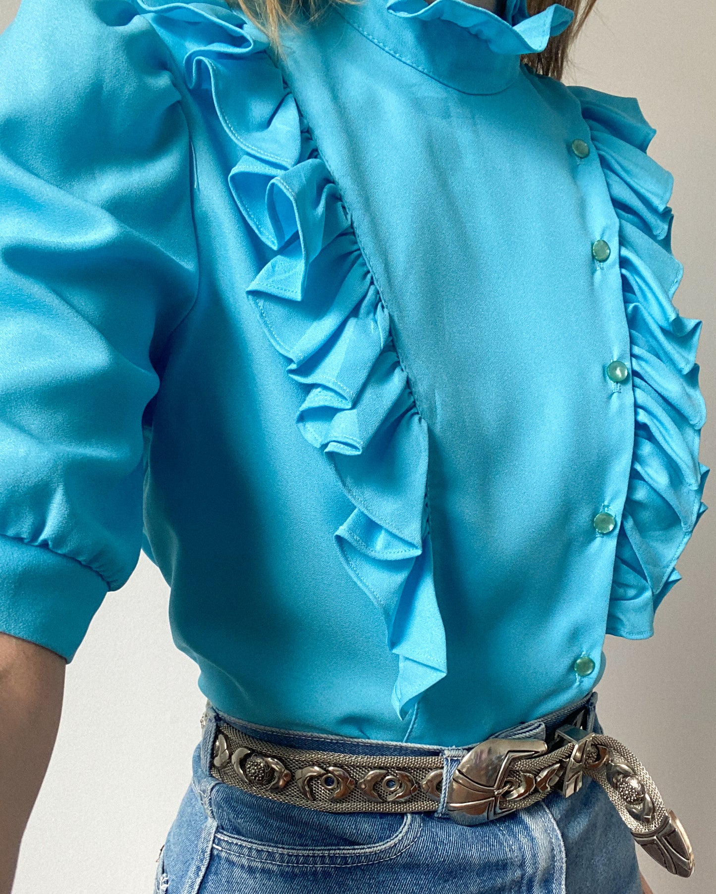 Sky Blue Western Frilly Blouse | Size M