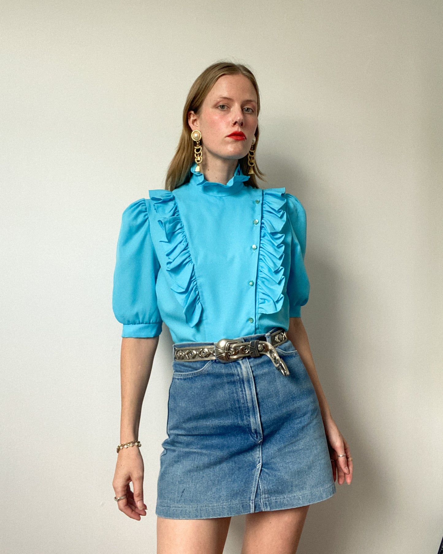 Sky Blue Western Frilly Blouse | Size M