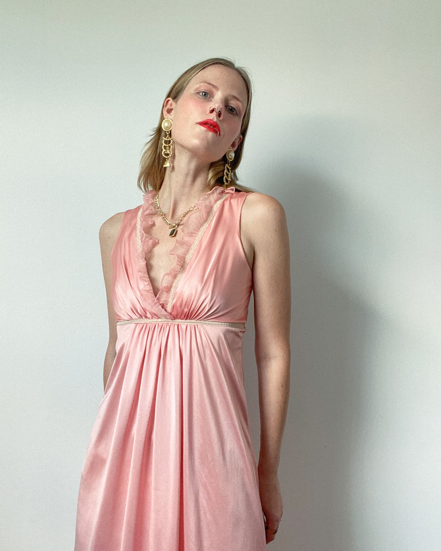 Pink Vintage Frilly Maxi Slip Dress | Size S