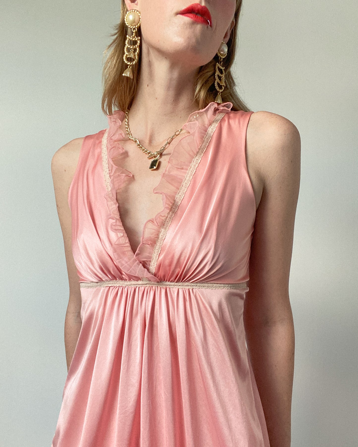 Pink Vintage Frilly Maxi Slip Dress | Size S