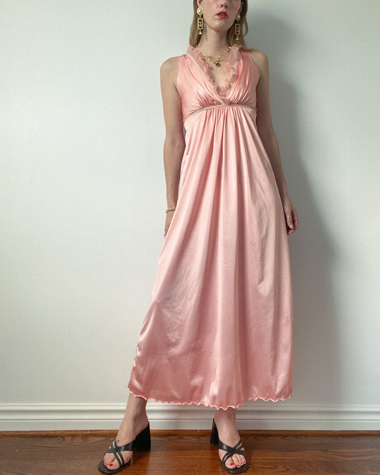 Pink Vintage Frilly Maxi Slip Dress | Size S