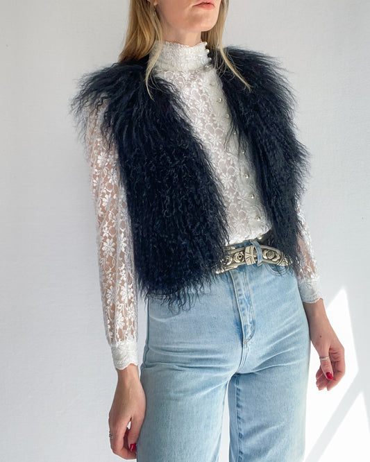 Black Shearling Cropped Vest | 6-8