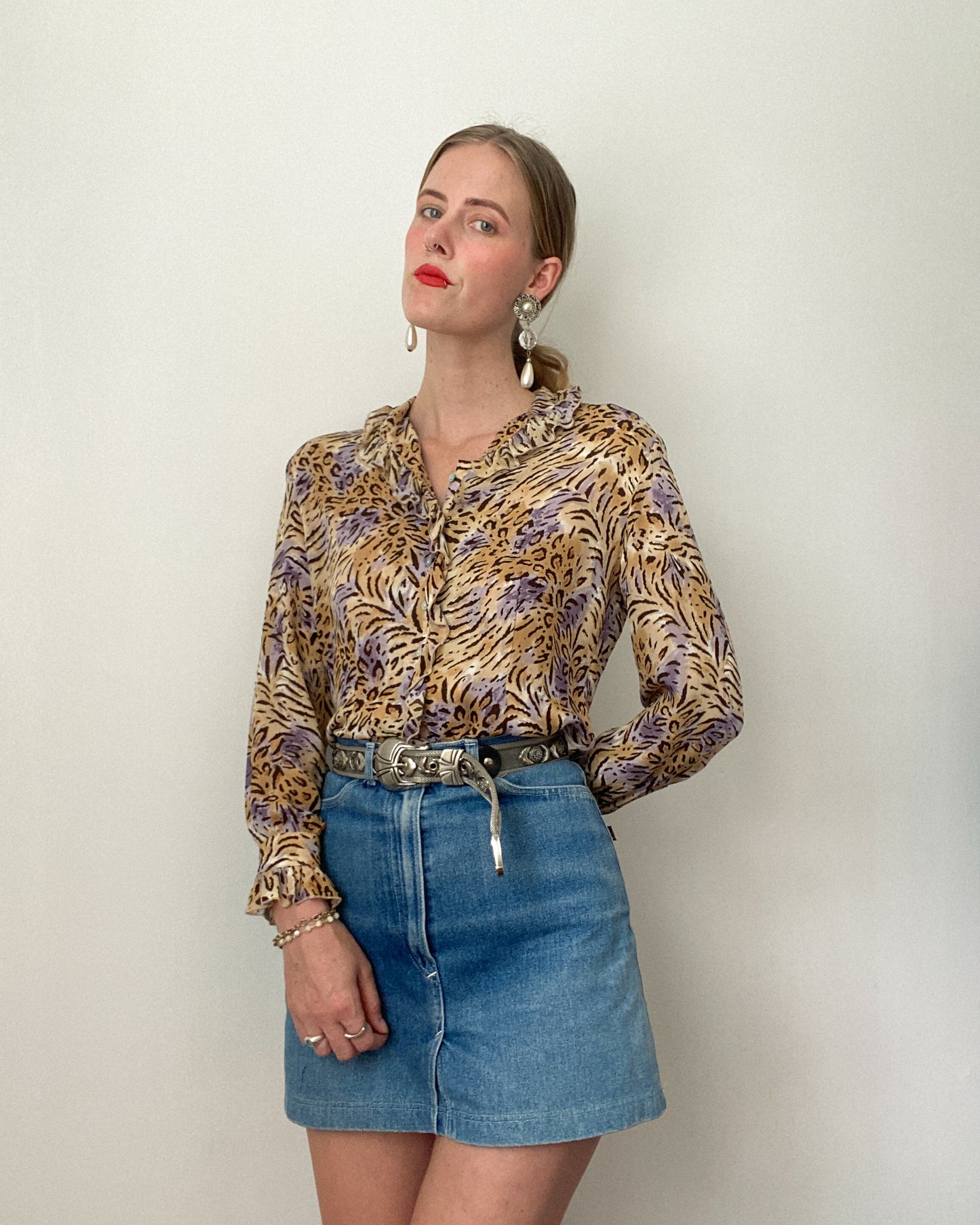 Frilly Animal Print Silk Blouse | Size M-L